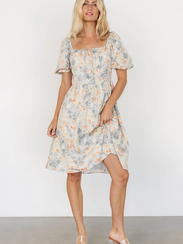 Floral Print Midi Square Neck အင်္ကျီလက်တို ဂါဝန်